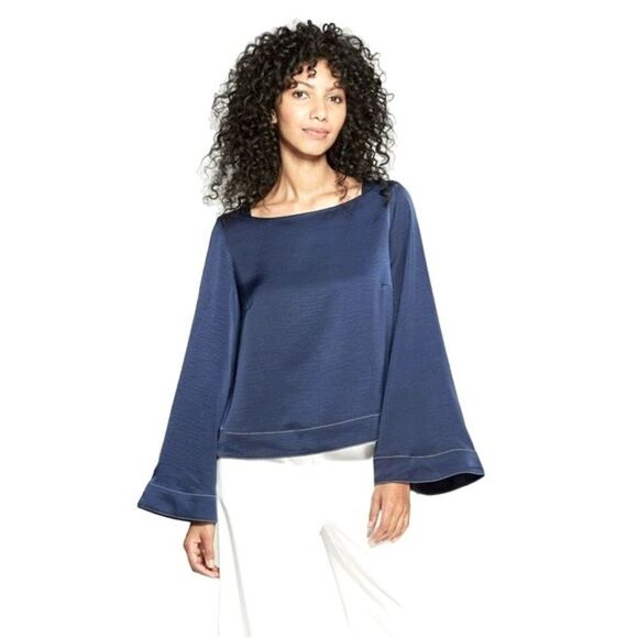 Navy PROLOGUE LONG WIDE SLEEVE SQUARE NECK BLOUSE SHIRT TOP Sz Small women - Picture 2 of 11